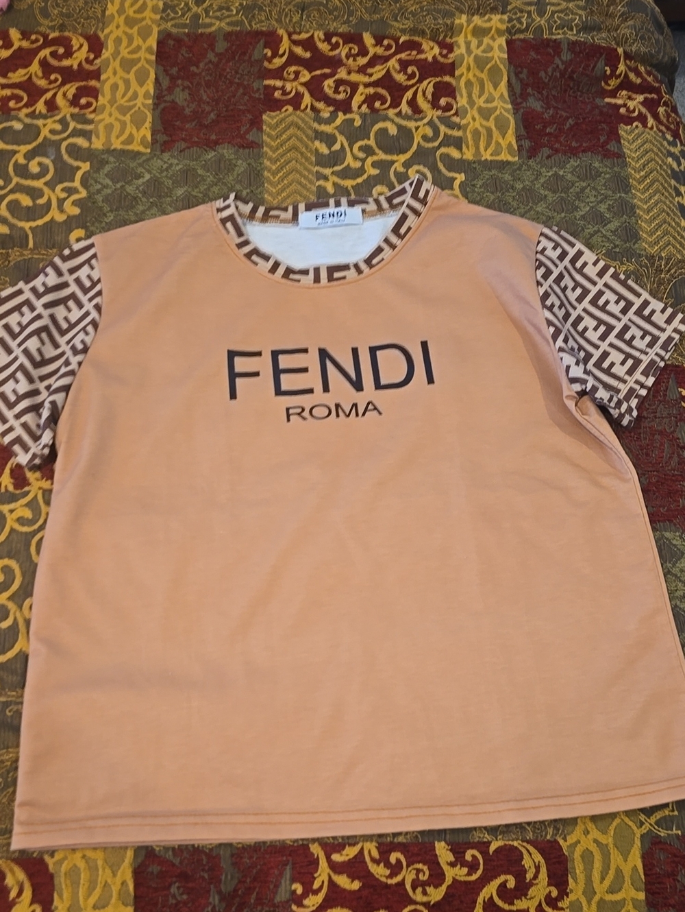 Designer Inspired Tee with Brown Monogram Sleeves